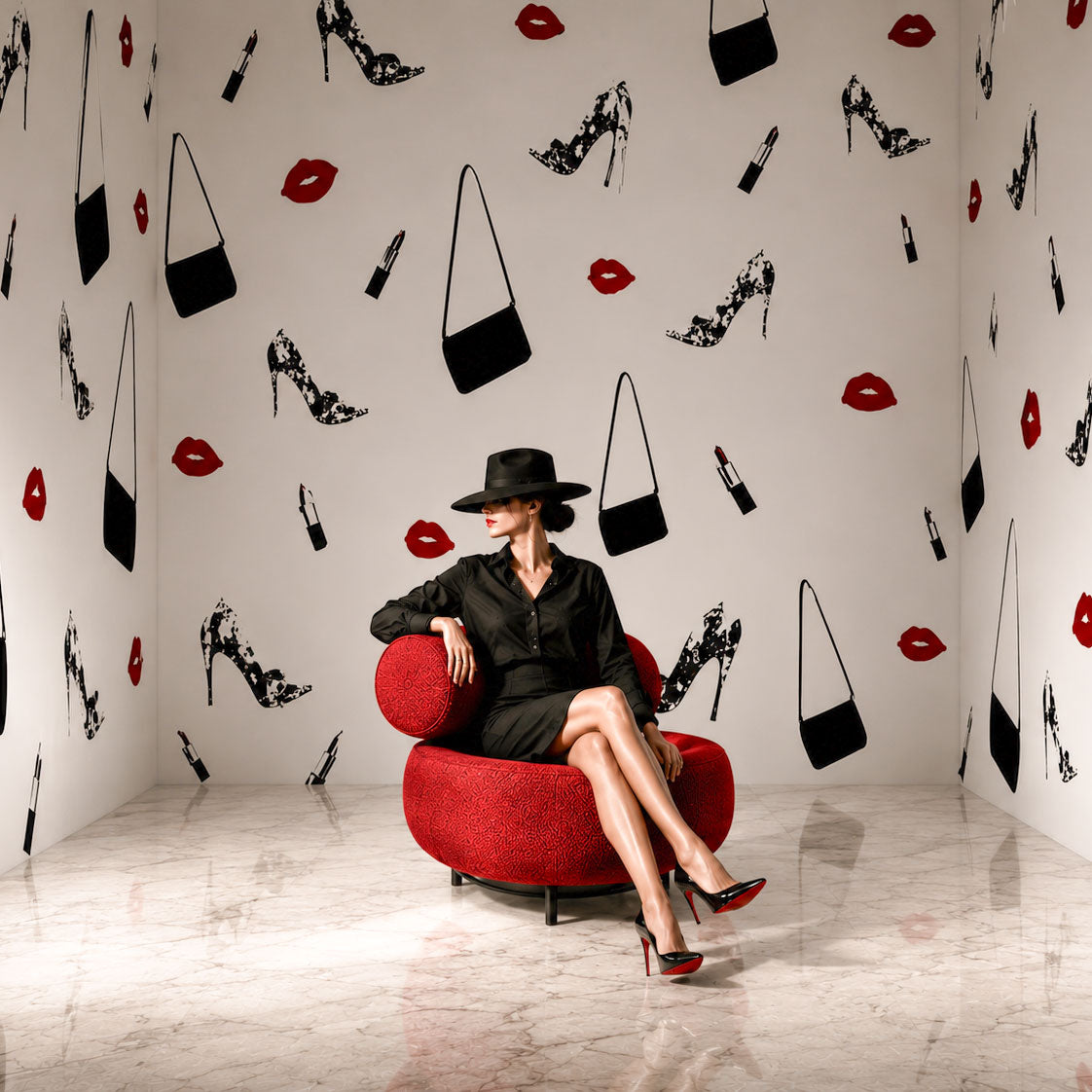 Exclusive Fashion Wallpaper with Red Lips, Heels and Handbags | Peel and Stick Premium Canvas