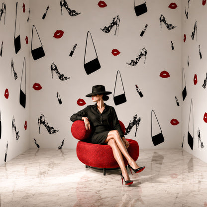 Exclusive Fashion Wallpaper with Red Lips, Heels and Handbags | Peel and Stick Premium Canvas