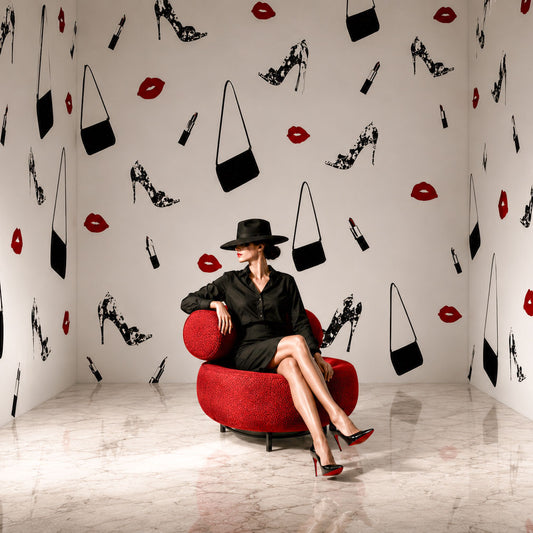 Exclusive Fashion Wallpaper with Red Lips, Heels and Handbags | Peel and Stick Premium Canvas